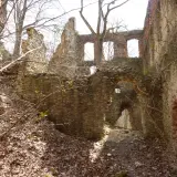 Verfallene Burgruine mit steinernen Mauern und Bögen, die wie ein hoher Turm in den Himmel ragt.