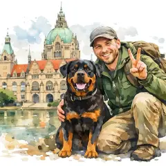 Glücklicher Mann mit Rottweiler vor dem Neuen Rathaus in Hannover. Perfekter niedersachsen urlaub mit Hund.
