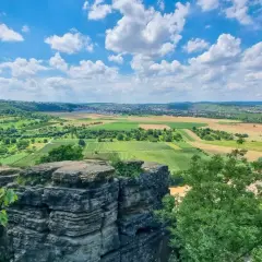 Blick vom felsengarten hessigheim über Weinberge und Felder zum Neckar. Blaue Himmel mit weißen Wolken.