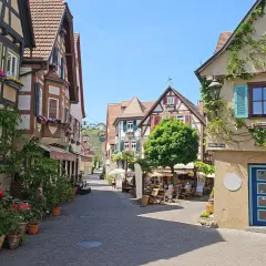 Idyllische Gasse in Besigheim, perfekt zum Wandern. Fachwerkhäuser mit Blumen geschmückt, laden zum Verweilen ein.