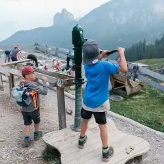 Kinder spielen am Juwelenweg Pfronten mit Bergpanorama.