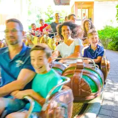 Familie genießt eine Fahrt auf einer Achterbahn im Erlebnispark Tripsdrill bei Heilbronn.