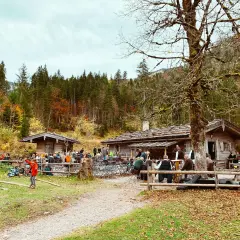 Familien genießen einen Herbsttag am Tegernsee. Kinder spielen im Gras, während Erwachsene in gemütlichen Hütten sitzen.