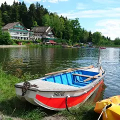 Ein Ruderboot namens "Irene" liegt am Ufer eines Sees im welzheimer Wald. Im Hintergrund ein Hotel und viele Menschen genießen den Tag.