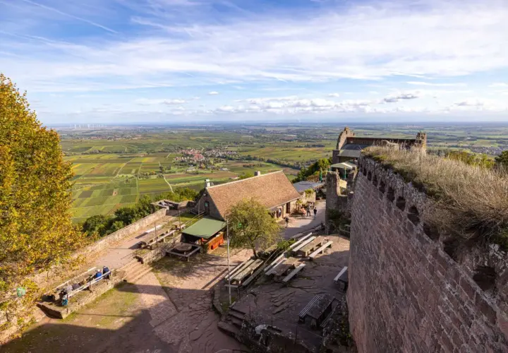 Blick von der Burg Madenburg auf Weinberge und Windräder.