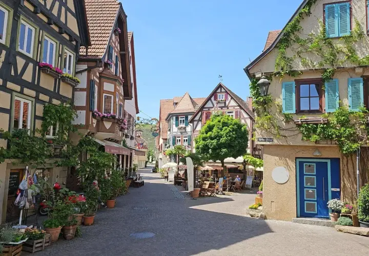 Idyllische Gasse in Besigheim, perfekt zum Wandern. Fachwerkhäuser mit Blumen geschmückt, laden zum Verweilen ein.