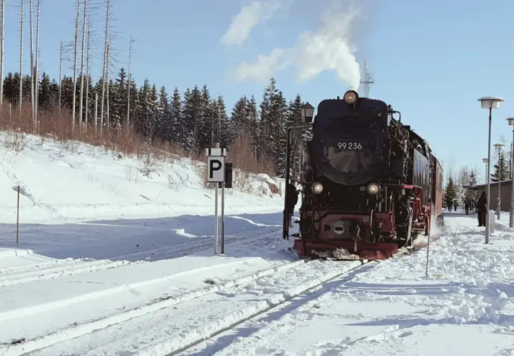 Dampflok 99 236 fährt durch verschneite Landschaft. Ein tolles Erlebnis für Wernigerode mit Kindern im Winter.