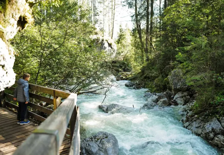 Ein Junge steht auf einem Holzsteg und blickt auf einen tosenden Bach im zauberwald berchtesgaden.