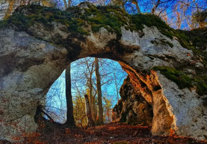 Das Heidentor bei Egesheim, ein Felsentor im Wald, mit Moos bewachsen und von Sonnenlicht durchflutet.