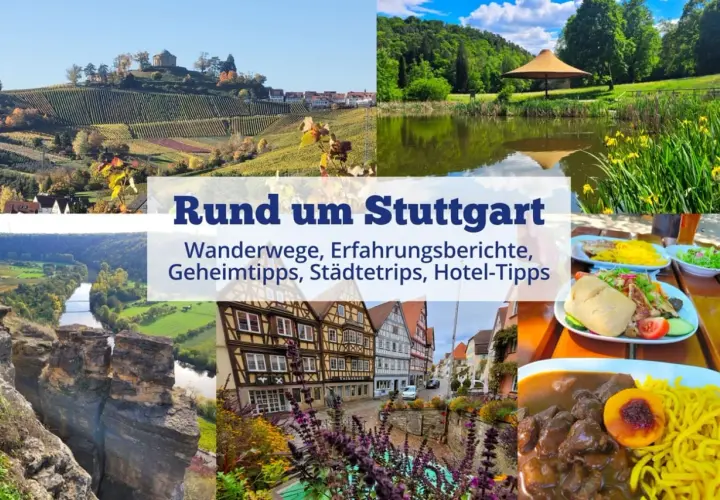 Collage zeigt die Vielfalt der Stuttgart Umgebung: Weinberge, Natur, Fachwerkdörfer und kulinarische Genüsse. Perfekt für Wanderer!
