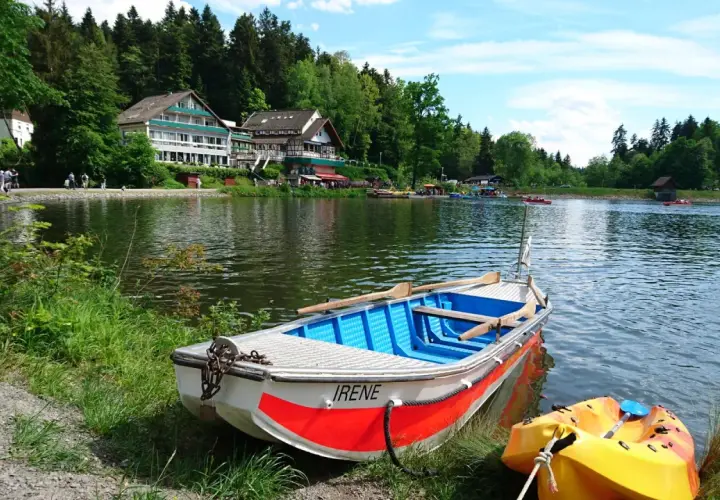 Ein Ruderboot namens "Irene" liegt am Ufer eines Sees im welzheimer Wald. Im Hintergrund ein Hotel und viele Menschen genießen den Tag.