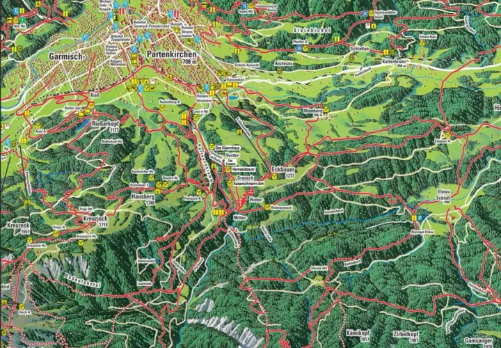 Karte der Partnachklamm Wanderung: Wege, Hütten und Gipfel wie Hausberg und Eckbauer sind markiert.