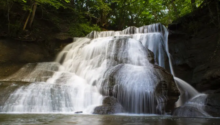 Ein üppiger, junger Wasserfall stürzt über moosbewachsene Felsen in ein ruhiges Becken.