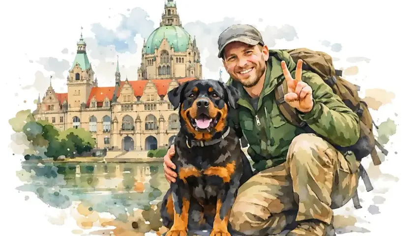 Glücklicher Mann mit Rottweiler vor dem Neuen Rathaus in Hannover. Perfekter niedersachsen urlaub mit Hund.