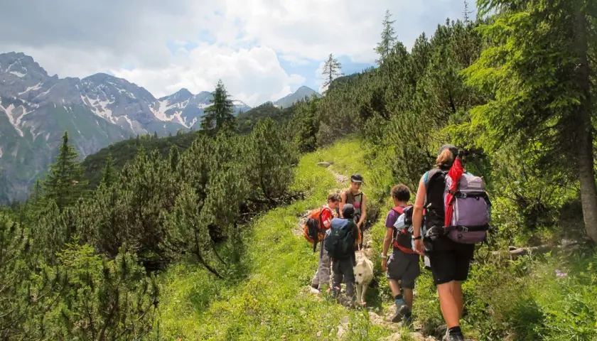 Familie genießt bergwandern mit kindern auf einem steinigen Pfad, umgeben von grünen Bäumen und schneebedeckten Bergen.