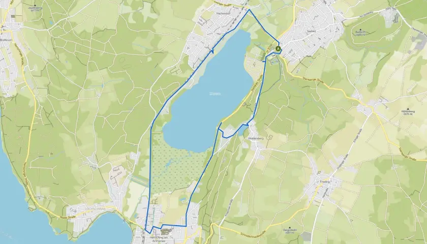 Karte mit markierter Route zum Pilsensee wandern. Die Tour führt durch Seefeld und Hechendorf.