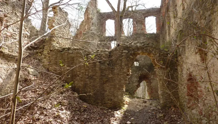 Verfallene Burgruine mit steinernen Mauern und Bögen, die wie ein hoher Turm in den Himmel ragt.