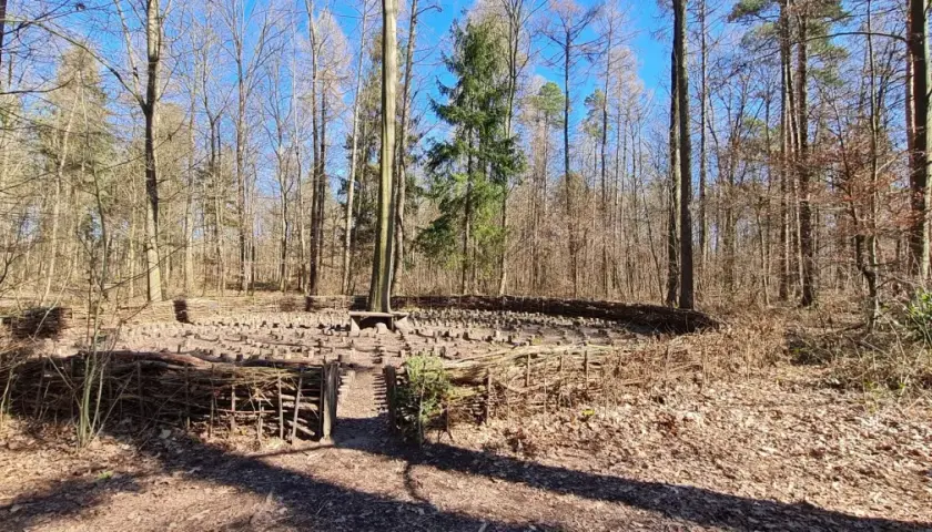 Ein kreisförmiges Kunstwerk aus Holz und Ästen im Wald, Teil des Walderlebnispfads Heilbronn.