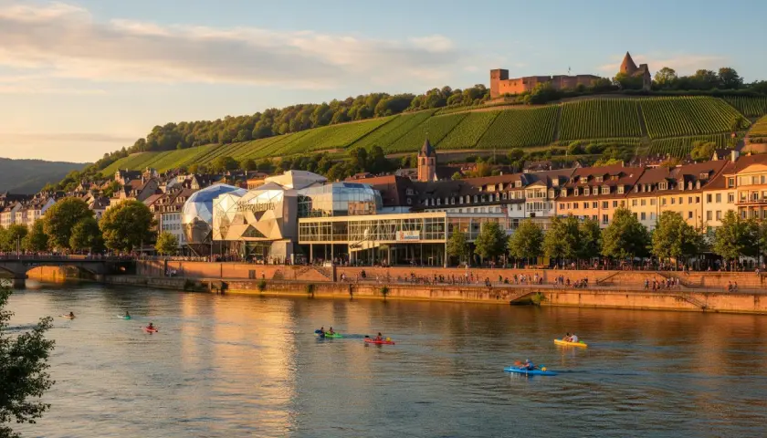Sonnenuntergang am Neckar: Experimenta und Weinberge, tolle Ausflugsziele Heilbronn. Kajakfahrer genießen das Wasser.
