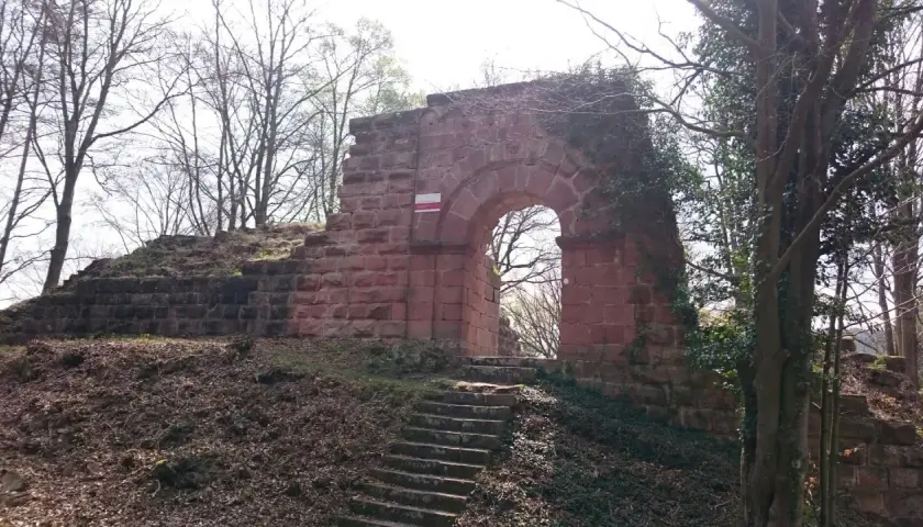 Die Ruinen der Burg Schlosseck mit einem steinernen Torbogen und einer Treppe, umgeben von Bäumen.