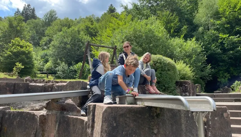 Familie genießt einen sonnigen Tag beim Wandern mit Kindern in der Pfalz. Ein Junge spielt am Wasserlauf, während die anderen entspannt zusehen.