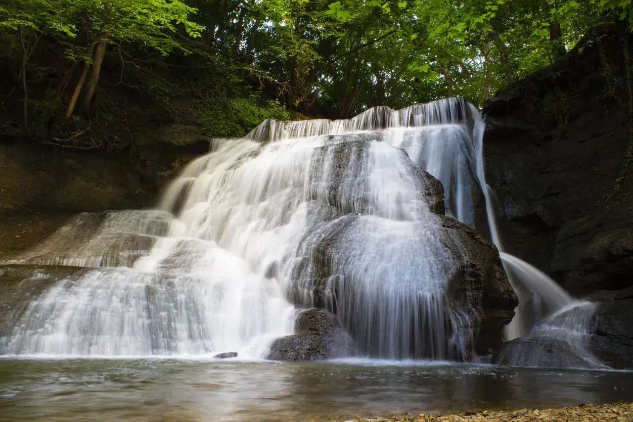 Ein üppiger, junger Wasserfall stürzt über moosbewachsene Felsen in ein ruhiges Becken.