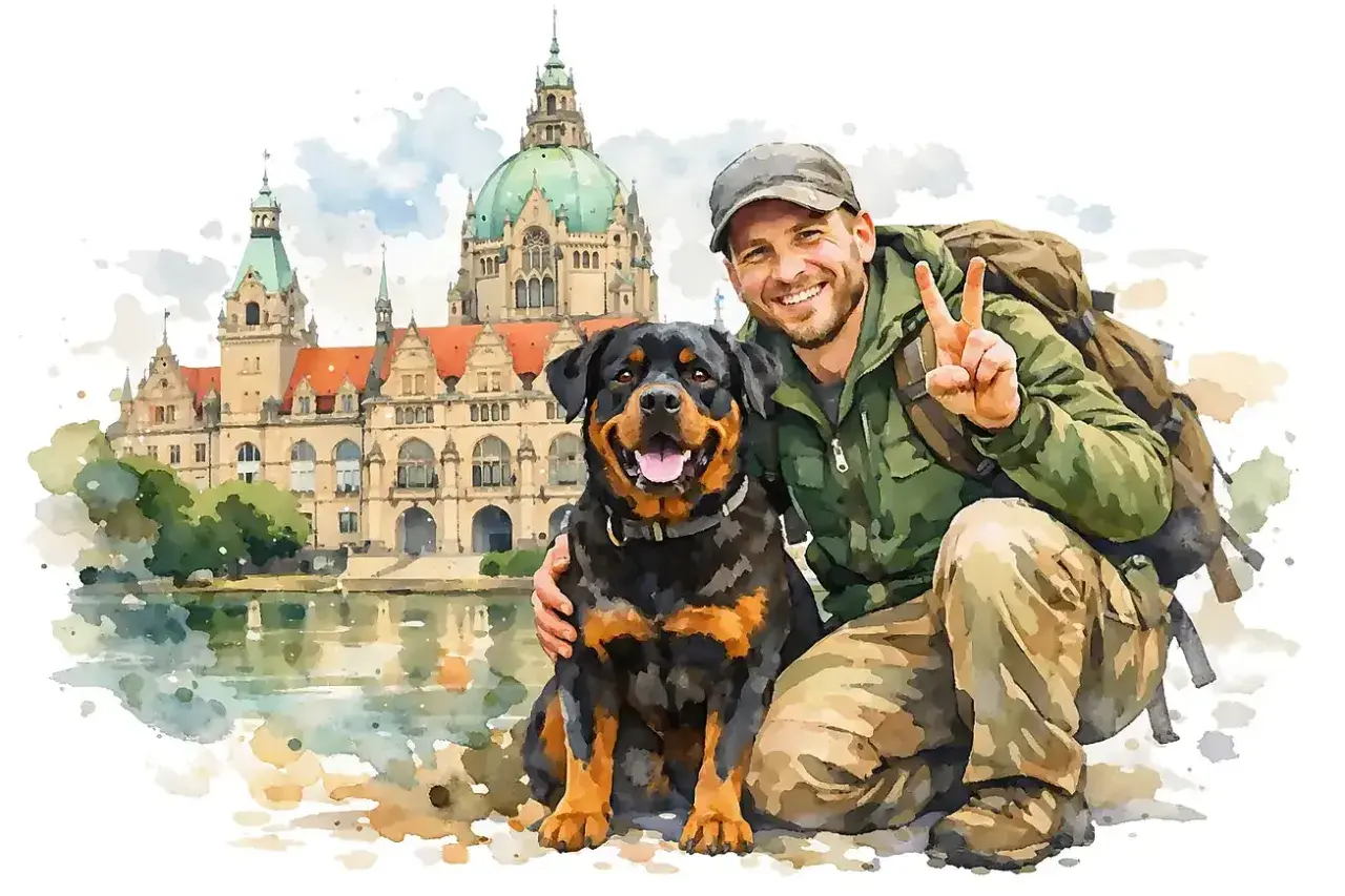 Glücklicher Mann mit Rottweiler vor dem Neuen Rathaus in Hannover. Perfekter niedersachsen urlaub mit Hund.