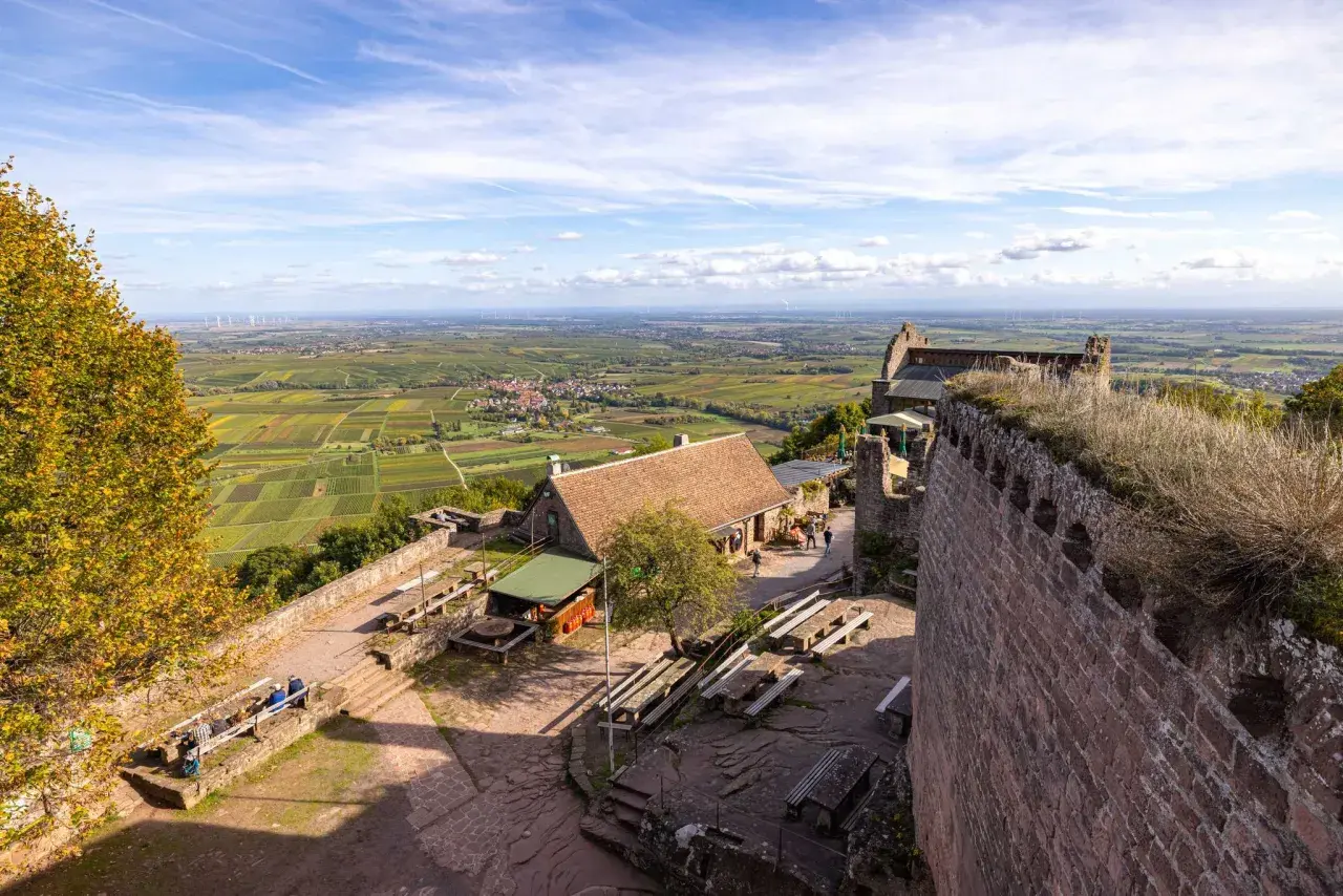 Blick von der Burg Madenburg auf Weinberge und Windräder.