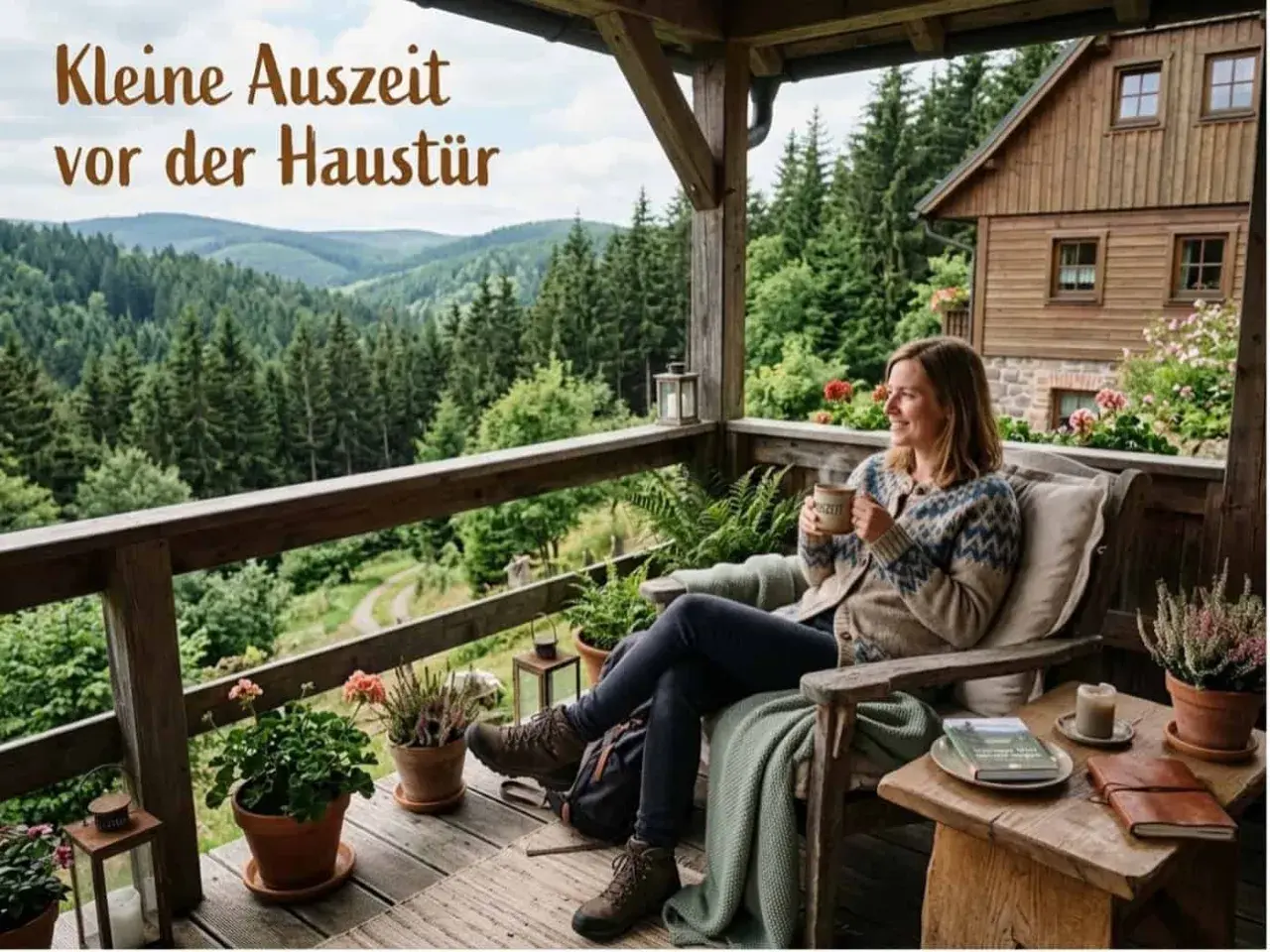 Frau genießt Kaffee auf einer Veranda mit Blick auf Wälder und Berge. Perfekt für einen Kurztrip Deutschland.