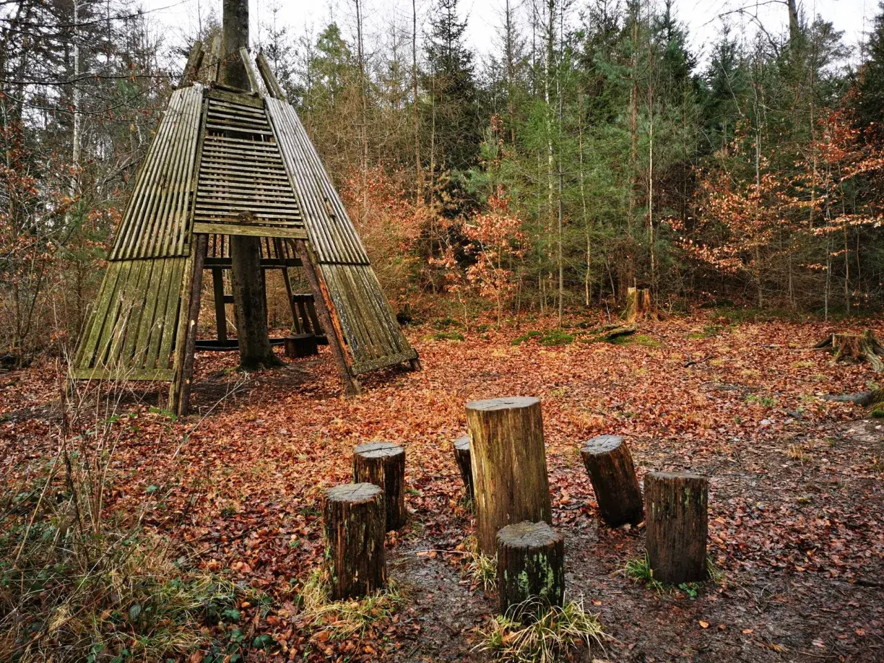 Ein rustikaler Unterstand mit Baumstamm-Sitzgelegenheiten lädt zum Verweilen auf dem erlebnispfad untergruppenbach ein.