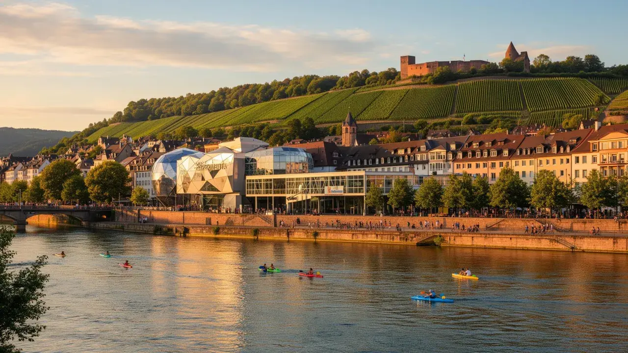 Sonnenuntergang am Neckar: Experimenta und Weinberge, tolle Ausflugsziele Heilbronn. Kajakfahrer genießen das Wasser.