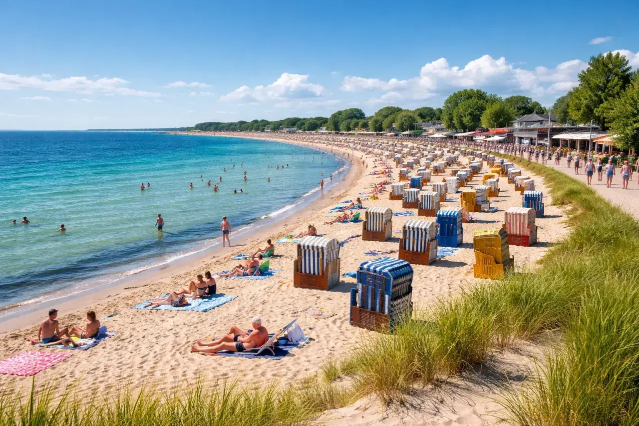 Sonniger Strand auf Fehmarn mit vielen Strandkörben und badenden Menschen. Entdecke Fehmarn Geheimtipps für deinen perfekten Urlaub.