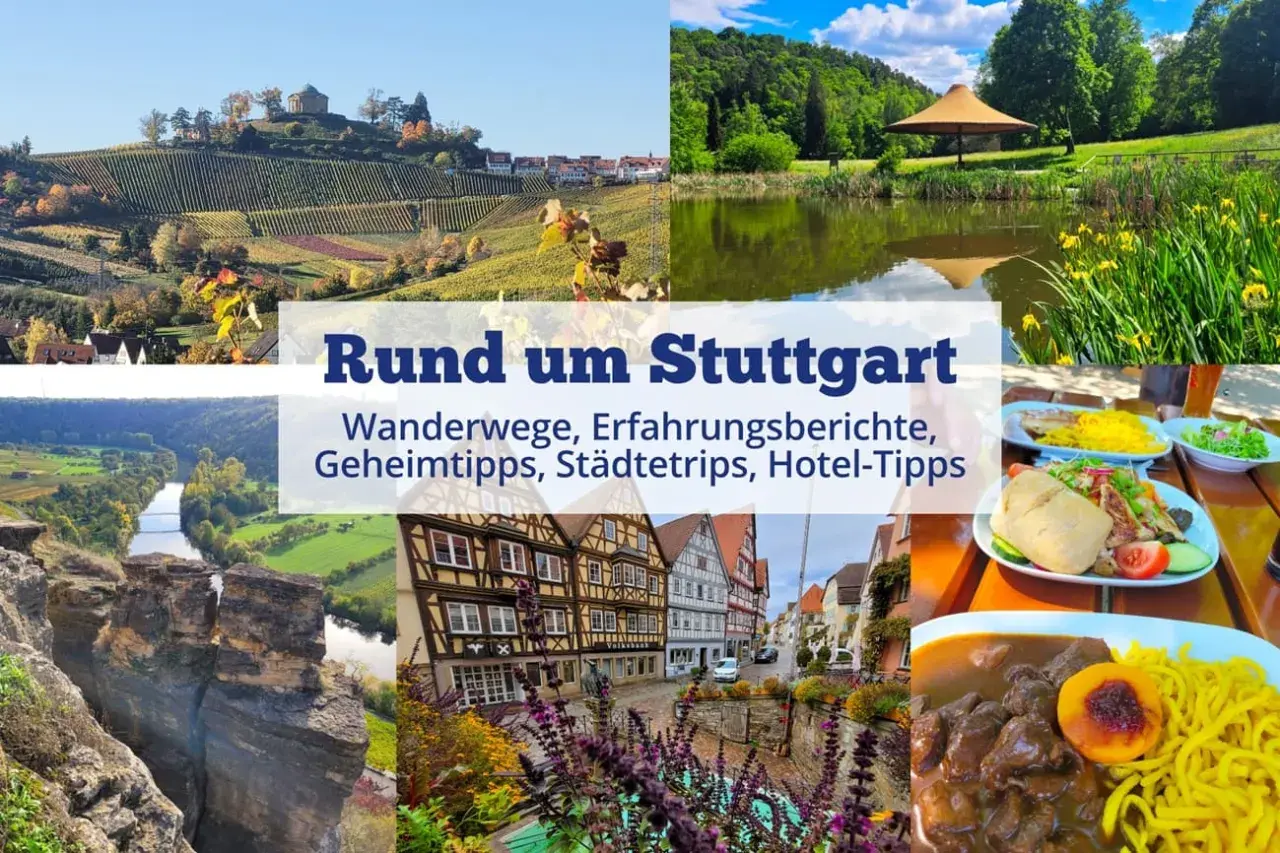 Collage zeigt die Vielfalt der Stuttgart Umgebung: Weinberge, Natur, Fachwerkdörfer und kulinarische Genüsse. Perfekt für Wanderer!