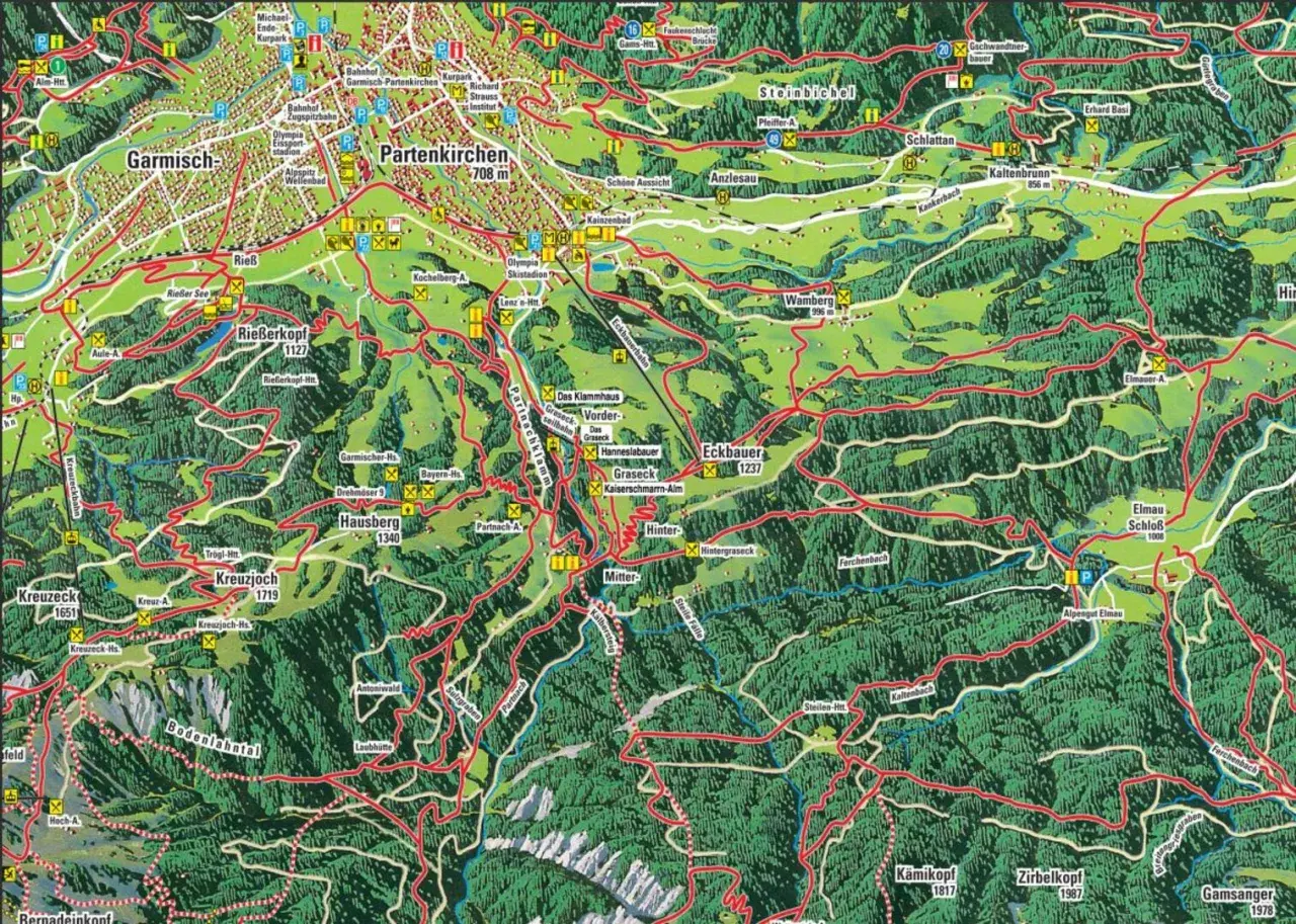 Karte der Partnachklamm Wanderung: Wege, Hütten und Gipfel wie Hausberg und Eckbauer sind markiert.
