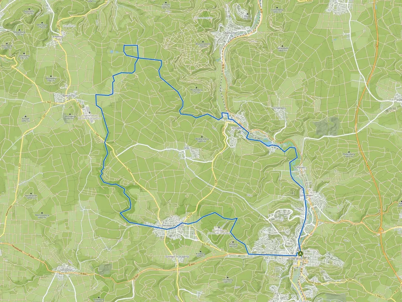 Karte zeigt eine blaue Route, die zum Wandern einl&auml;dt. Sie f&uuml;hrt durch gr&uuml;ne H&uuml;gel und T&auml;ler, vorbei an Ortschaften wie Bartholom&auml; und Steinheim am Buch.