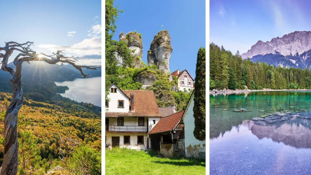 Ein malerischer tagesausflug bayern: Baum mit Blick auf See, Felsen mit H&auml;usern und Bergsee.