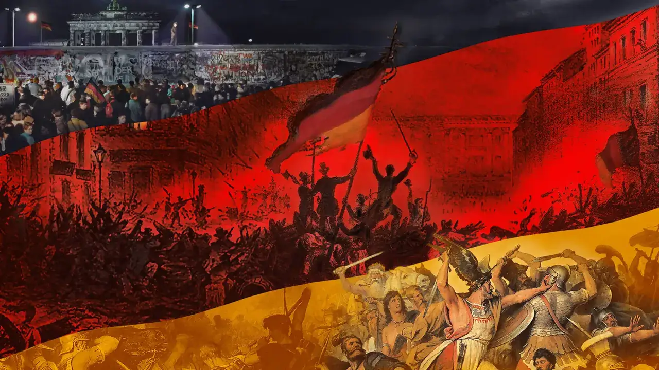 Deutschlandmuseum Berlin: Collage zeigt die Berliner Mauer, historische Schlachten und die deutsche Flagge.