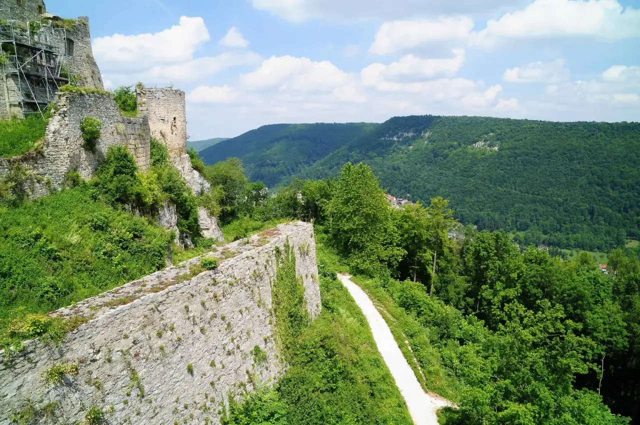 Die Ruine Hofen thront auf einem Felsen, umgeben von üppigem Grün. Ein schmaler Pfad führt entlang der alten Mauern, während sich im Hintergrund bewaldete Hügel erstrecken.