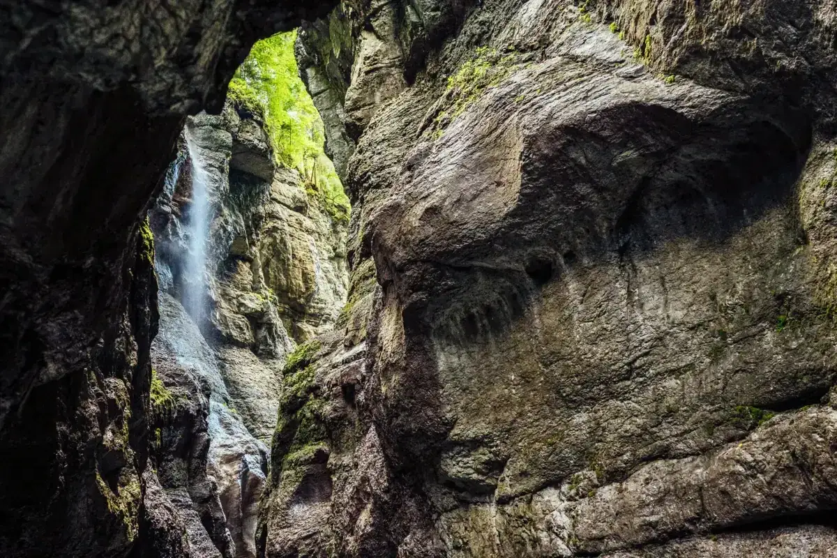 Tiefe Schlucht mit Wasserfall während einer Partnachklamm Wanderung. Moosbewachsene Felswände ragen empor, darüber grünes Laub.