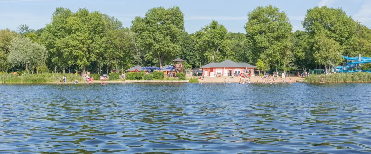 Sommerliche Szene an einem der Badeseen Berlin mit vielen Menschen am Strand und im Wasser, umgeben von gr&uuml;nen B&auml;umen.