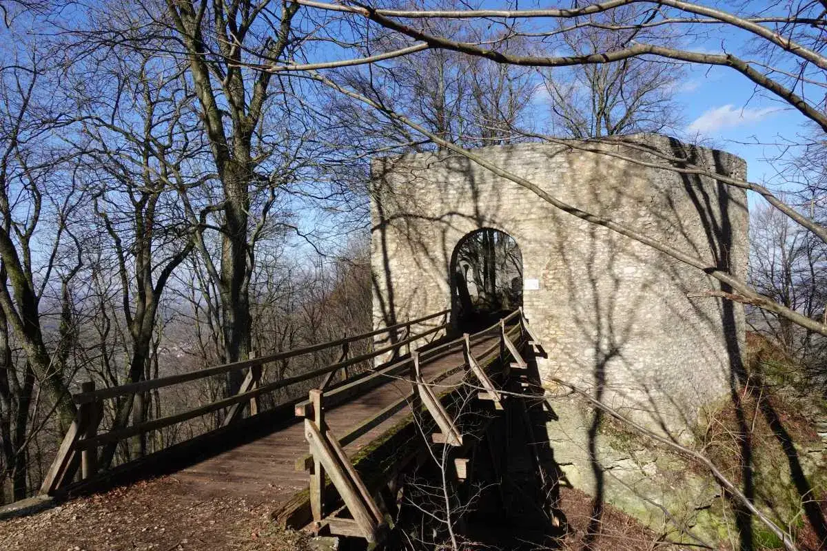 Holzbr&uuml;cke f&uuml;hrt zur Burgruine Rauber, deren steinerne Mauer mit Torbogen im Schatten von B&auml;umen liegt.
