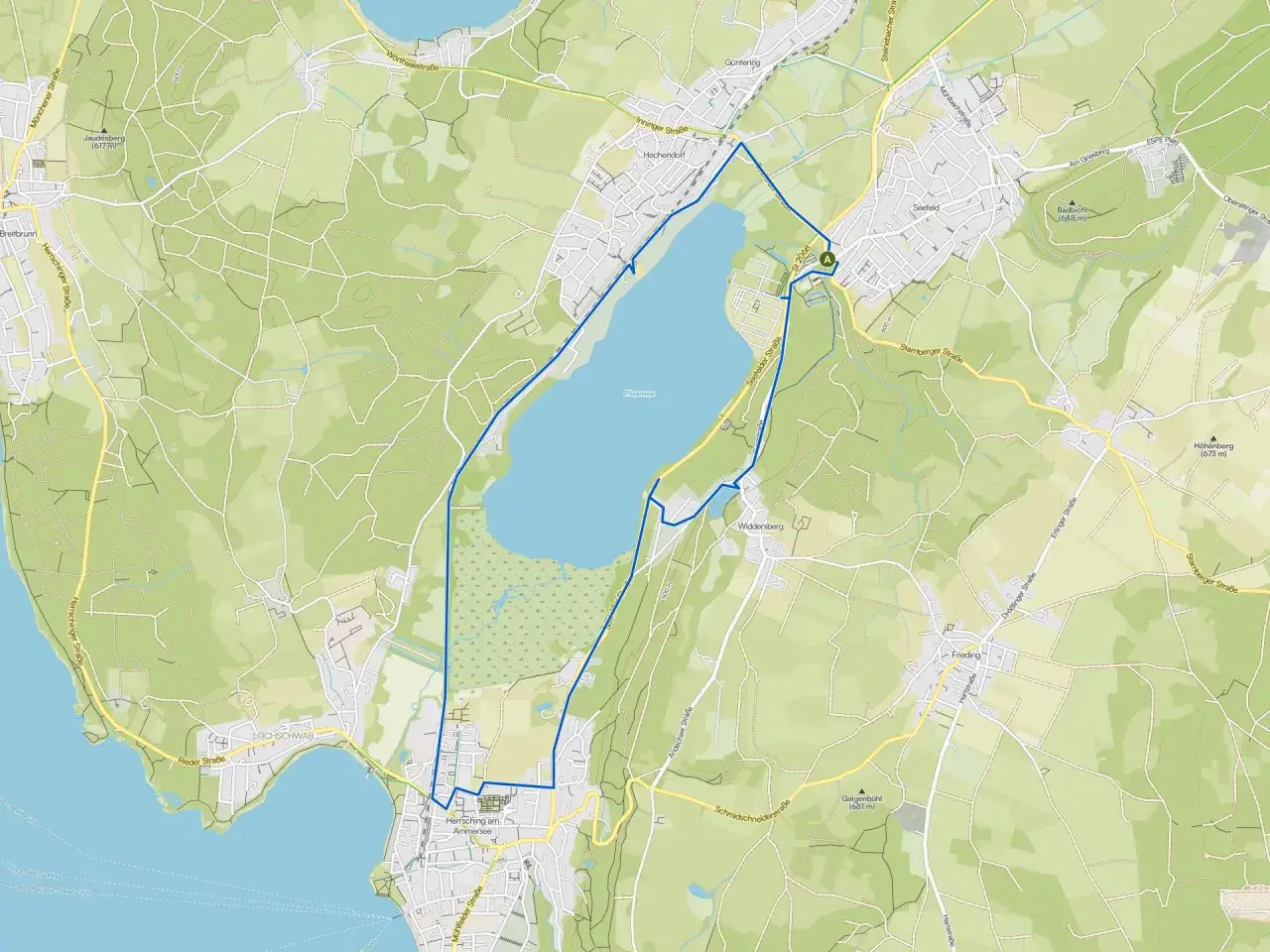 Karte mit markierter Route zum Pilsensee wandern. Die Wanderung führt durch Seefeld und Hechendorf.