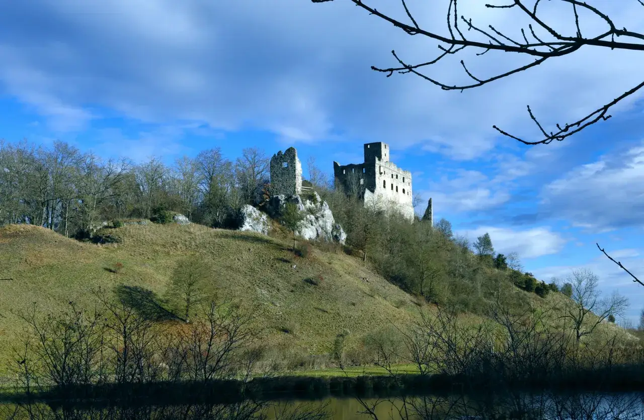 Die Burgruine Niederhaus thront auf einem felsigen H&uuml;gel unter blauem Himmel.