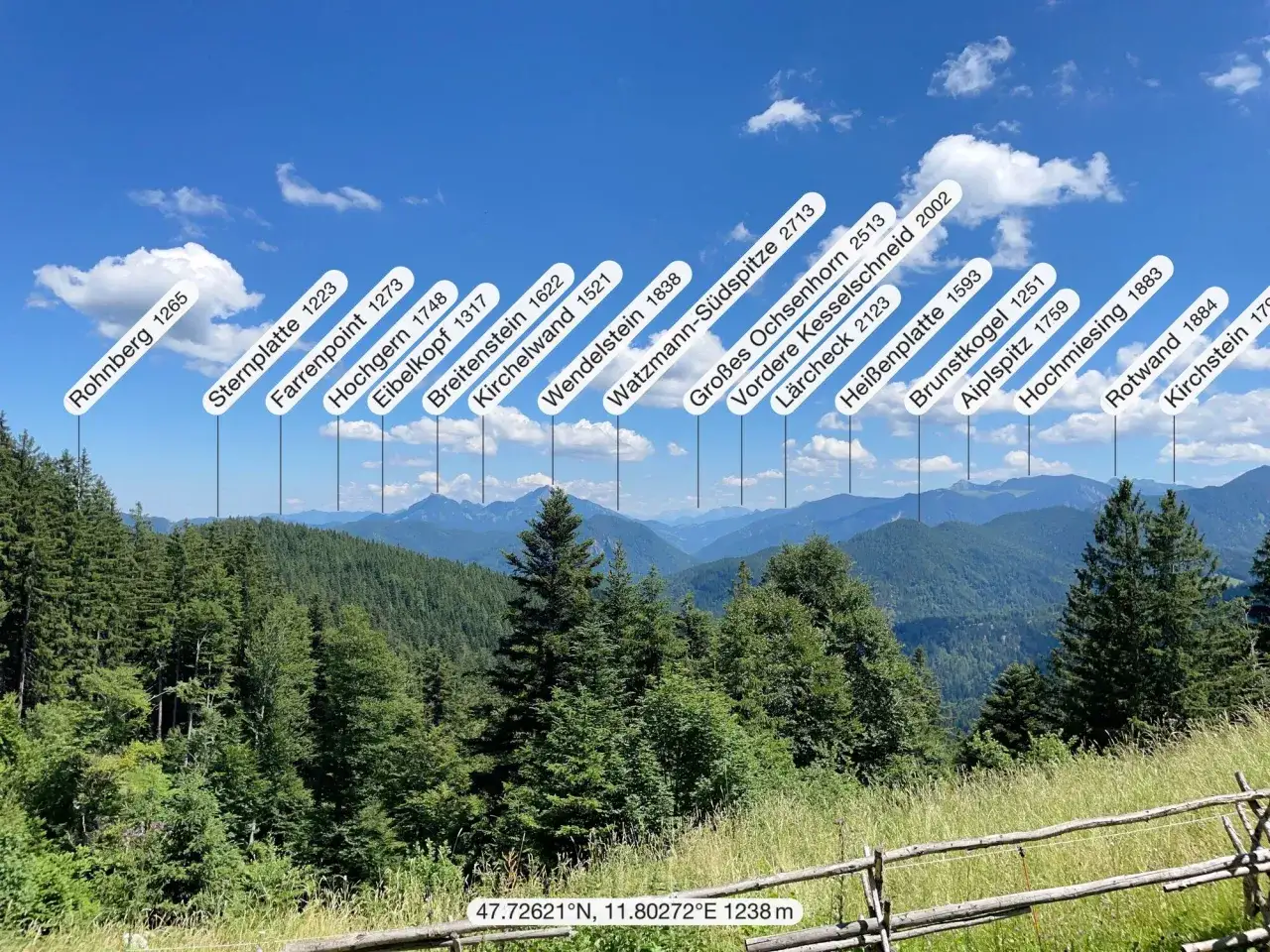 Blick auf die Berge bei einer Huberspitz Wanderung. Beschriftete Gipfel wie Watzmann und Hochgern ragen in den blauen Himmel.