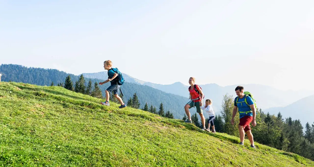 Familie beim bergwandern mit kindern auf einem sonnigen Hang mit Blick auf gr&uuml;ne Berge.