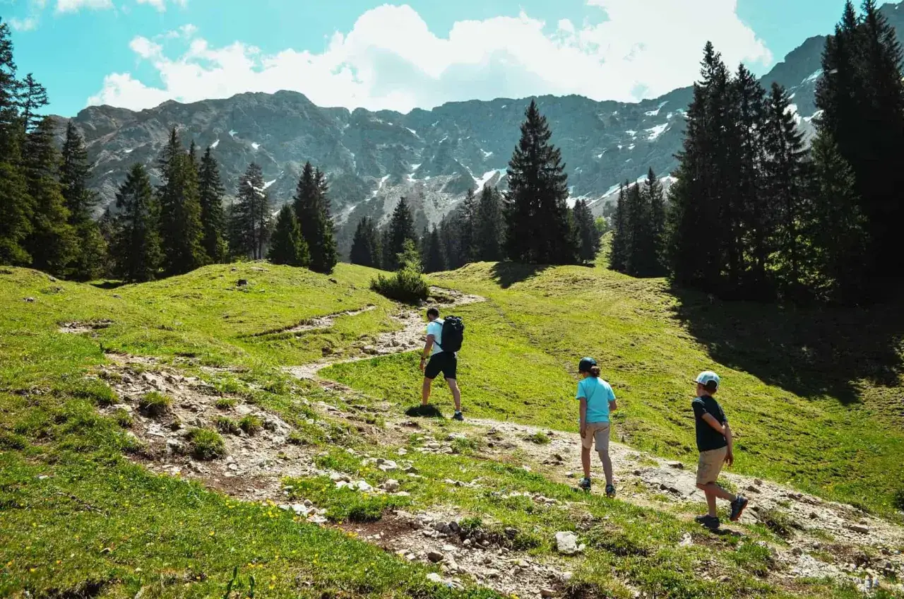 Familie wandert auf einem steinigen Pfad, der an einen alten Schmugglerpfad Oberjoch erinnert, durch gr&uuml;ne Almwiesen mit Nadelb&auml;umen und schneebedeckten Bergen im Hintergrund.