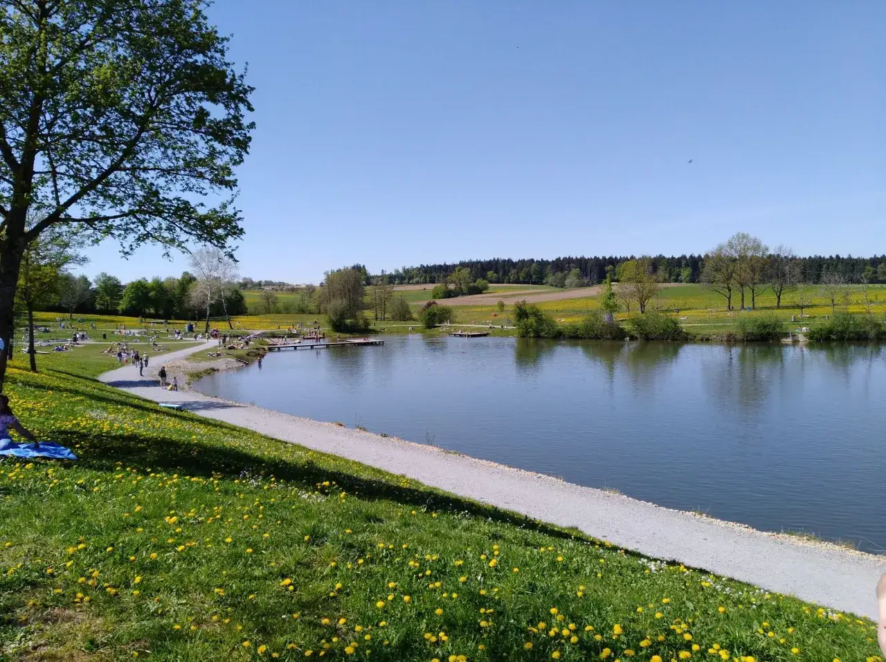 Ein sonniger Tag am See, mit Menschen, die sich auf den Wiesen und am Wasser entspannen. Der welzheimer wald im Hintergrund bildet eine gr&uuml;ne Kulisse.