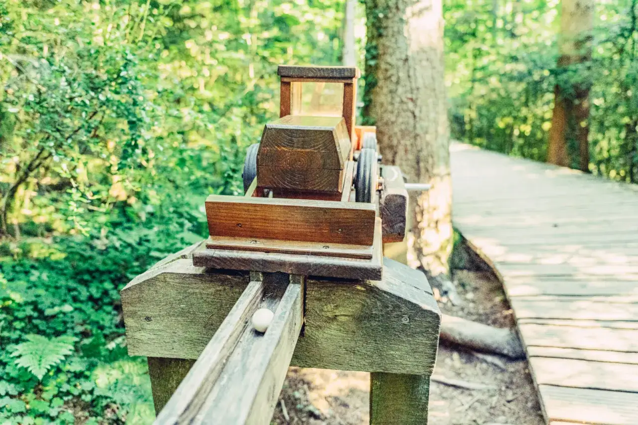 Holz-Traktor mit Kugelbahn am naturatum erlebniswaldpfad. Ein Spielger&auml;t im Wald l&auml;dt zum Entdecken ein.